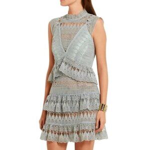 Self-Portrait Teardrop Guipure Lace Mini Dress US 4 Blue Sleeveless Tiered